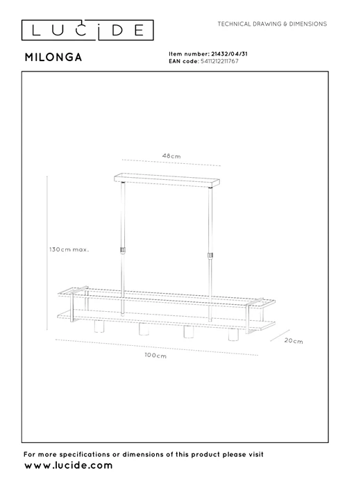 Lucide MILONGA - Hanglamp - 4xE27 - Wit - technisch